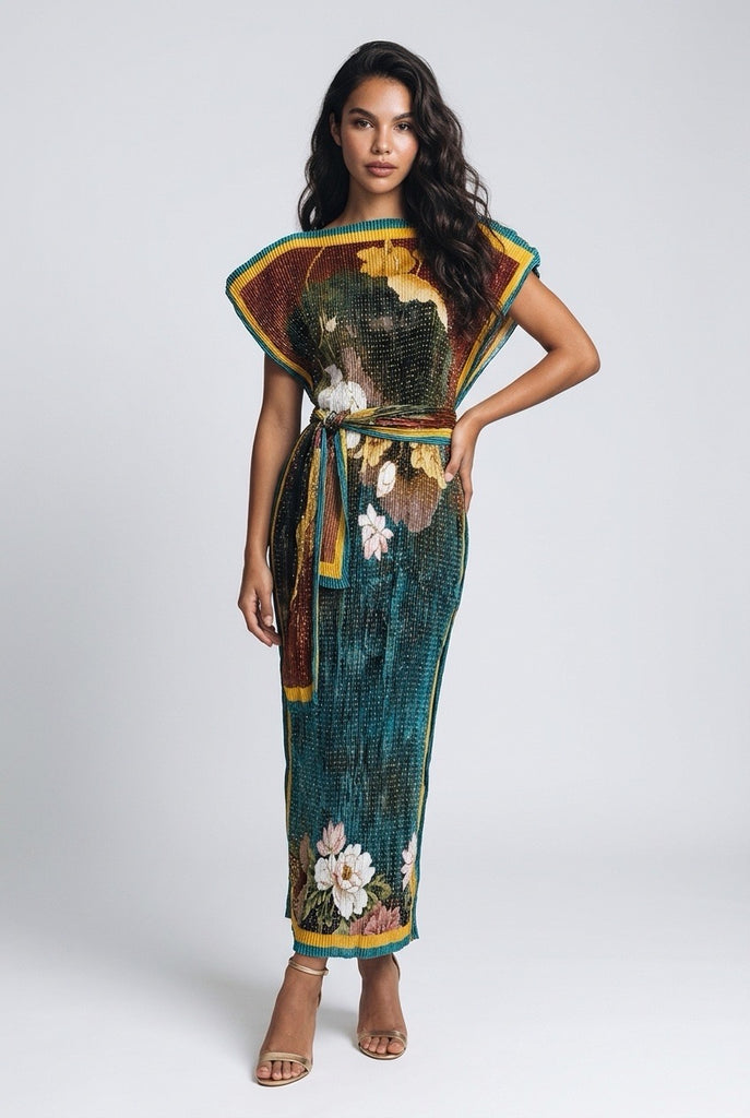 Vestido Midi Plisado Floreado con Cinturón