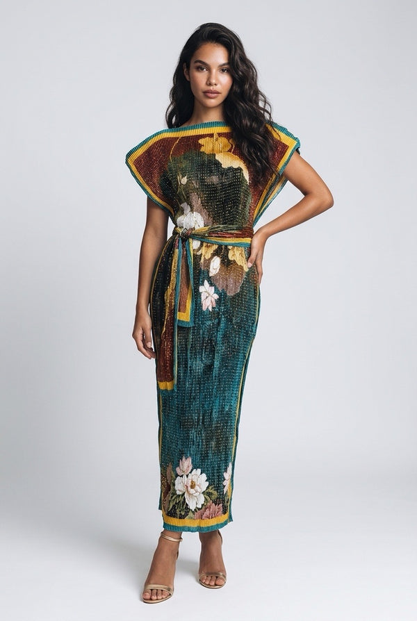 Vestido Midi Plisado Floreado con Cinturón