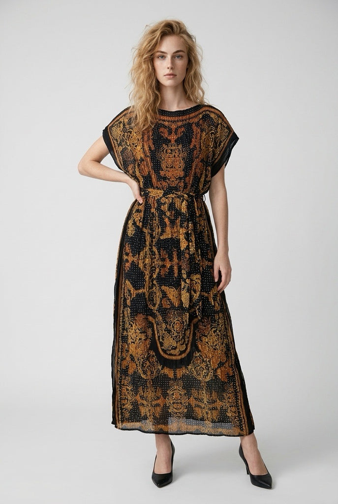 Vestido Midi Plisado Arabezcos con Cinturón
