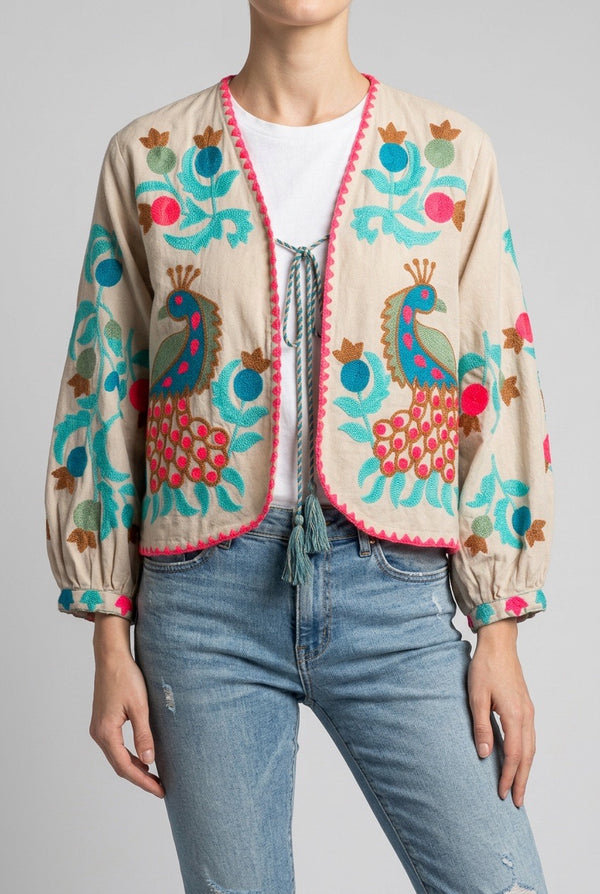 Chaqueta Corta Bordada Boho Beige