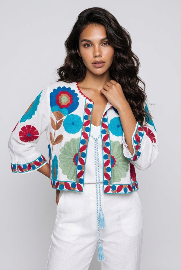 Chaqueta Corta Bordada Boho Blanca