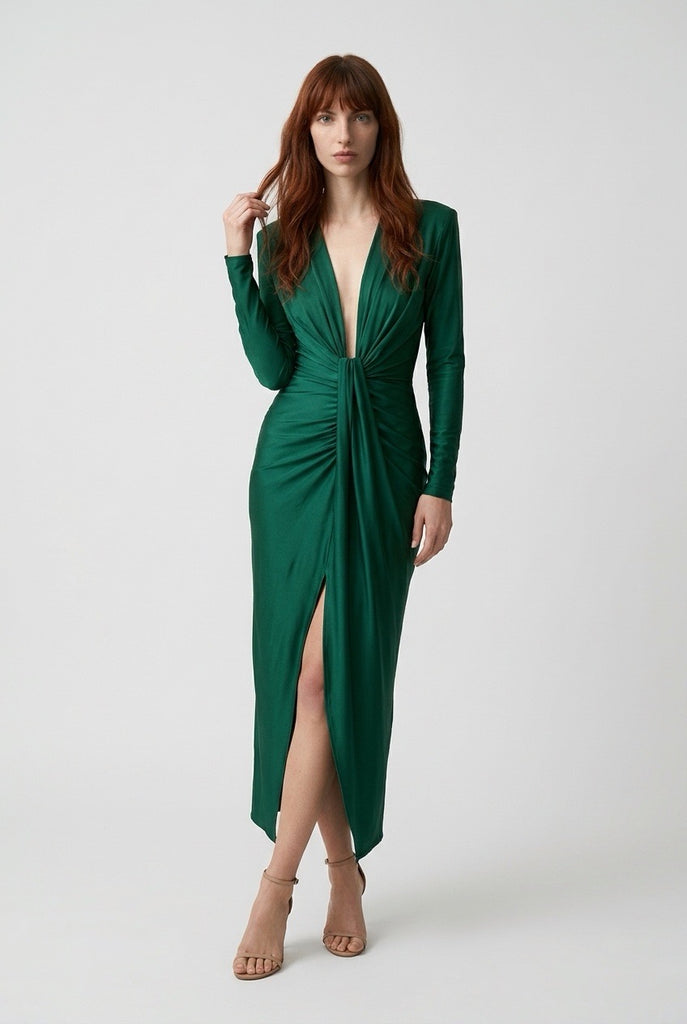 Vestido Midi Drapeado con Escote y Mangas