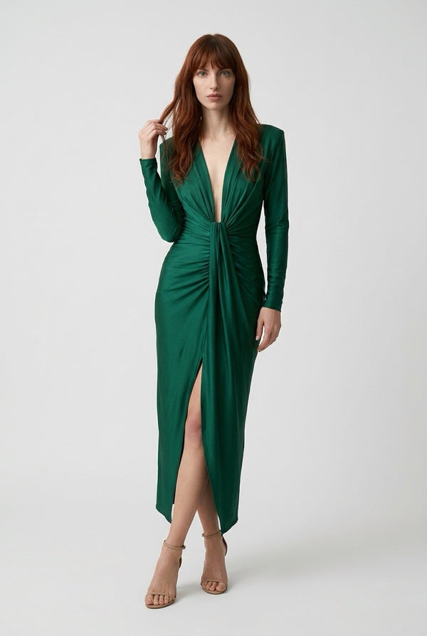 Vestido Midi Drapeado con Escote y Mangas