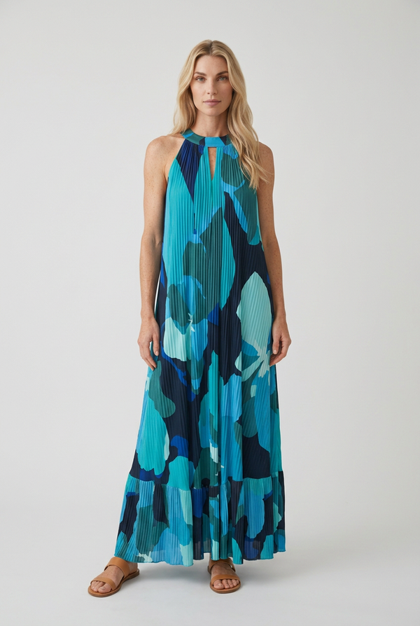 Vestido Halter Plisado Print