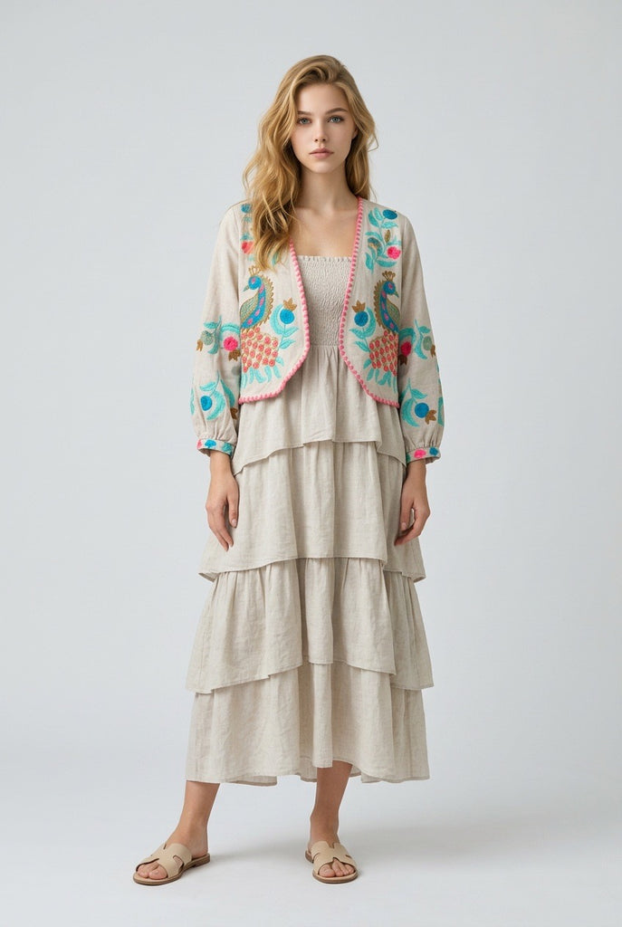 Chaqueta Corta Bordada Boho Beige