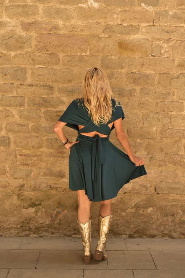 Vestido Multiposición Corto Verde Petróleo